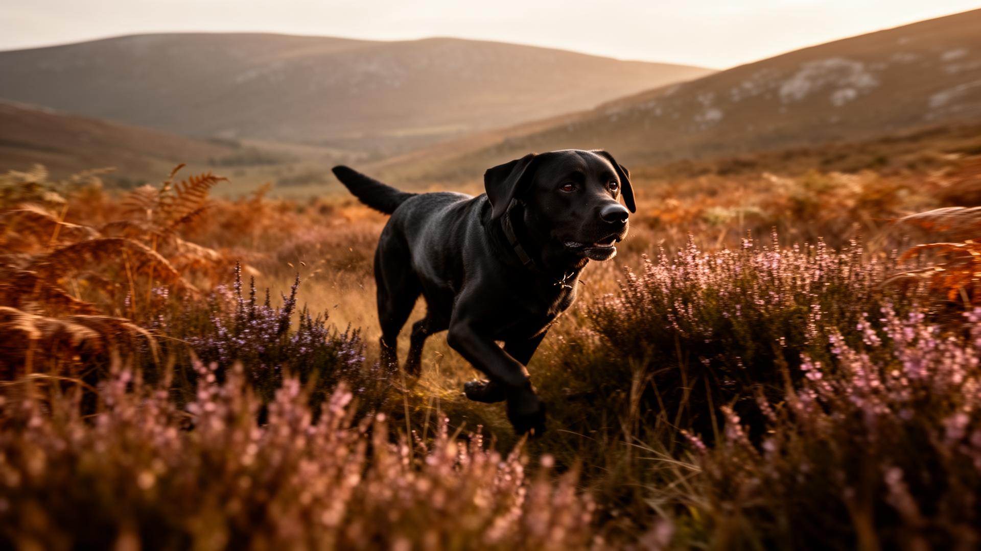 Black labrador running through heather in the Wicklow Mountains